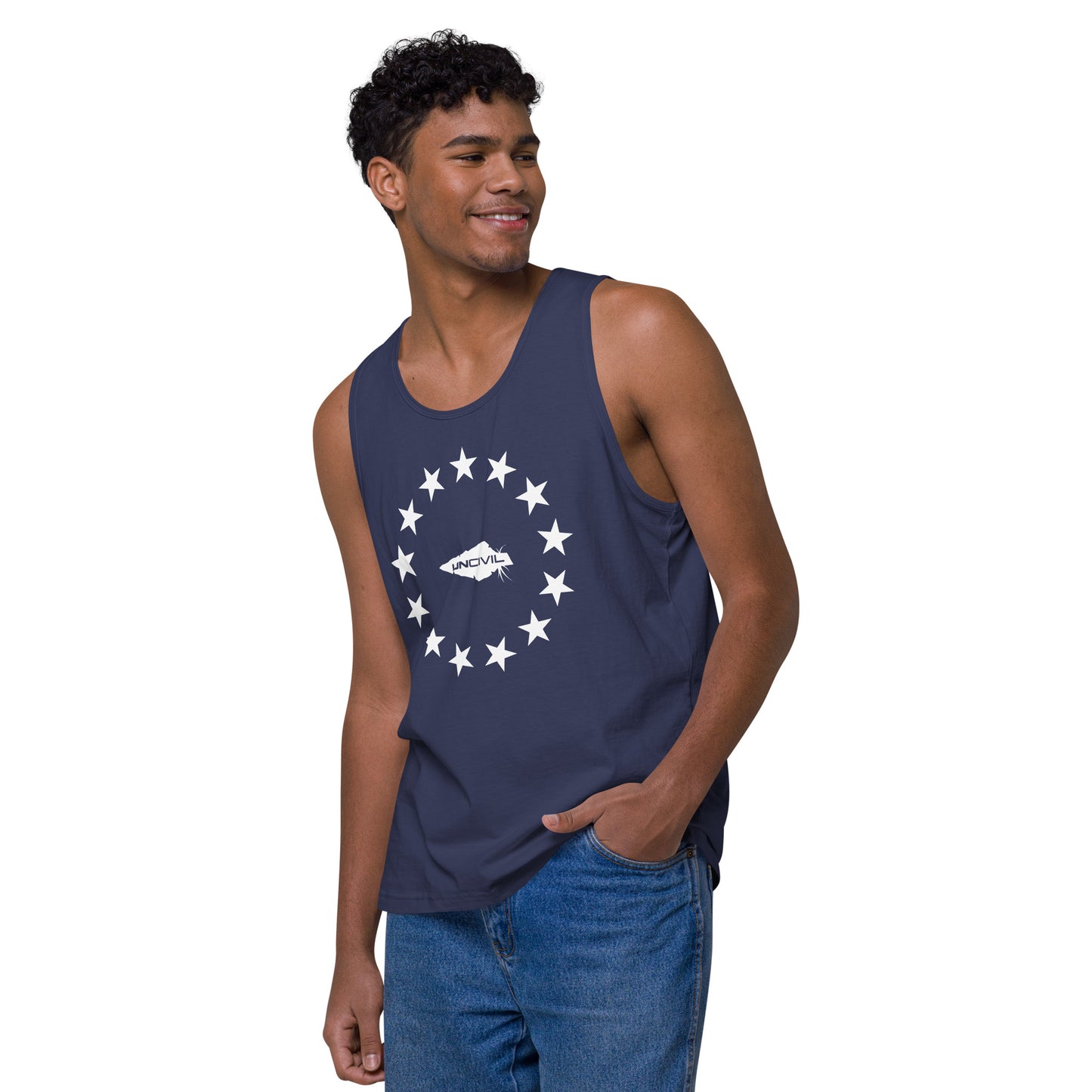 Betsy Ross men's tank top. Featuring the iconic 13 stars design, this tank is perfect for anyone who loves America and its rich history. Blue and white.