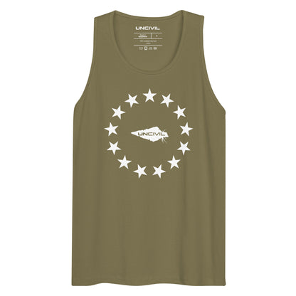 Betsy Ross men's tank top. Featuring the iconic 13 stars design, this tank is perfect for anyone who loves America and its rich history. Military Green and white.