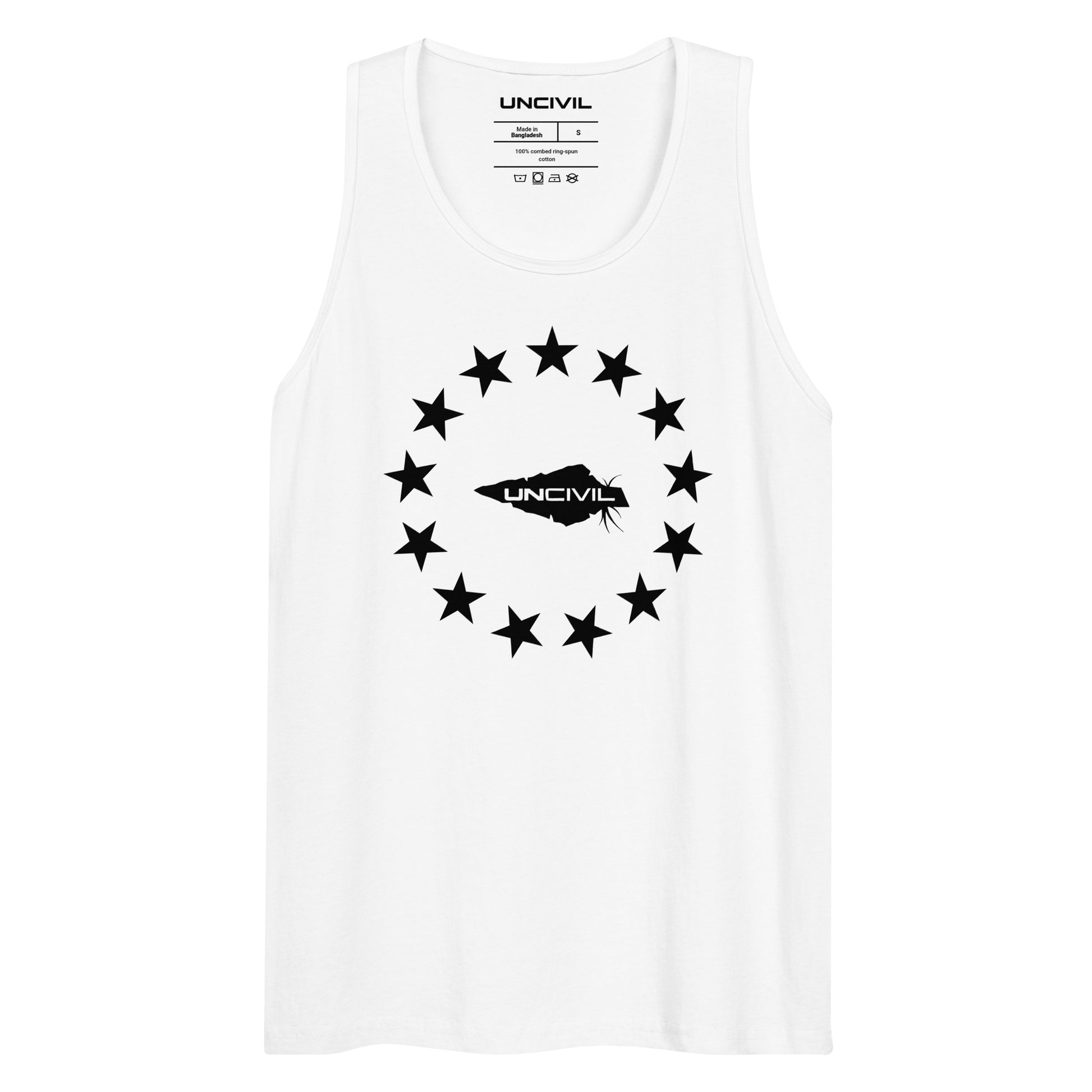 Betsy Ross men's tank top. Featuring the iconic 13 stars design, this tank is perfect for anyone who loves America and its rich history. White.