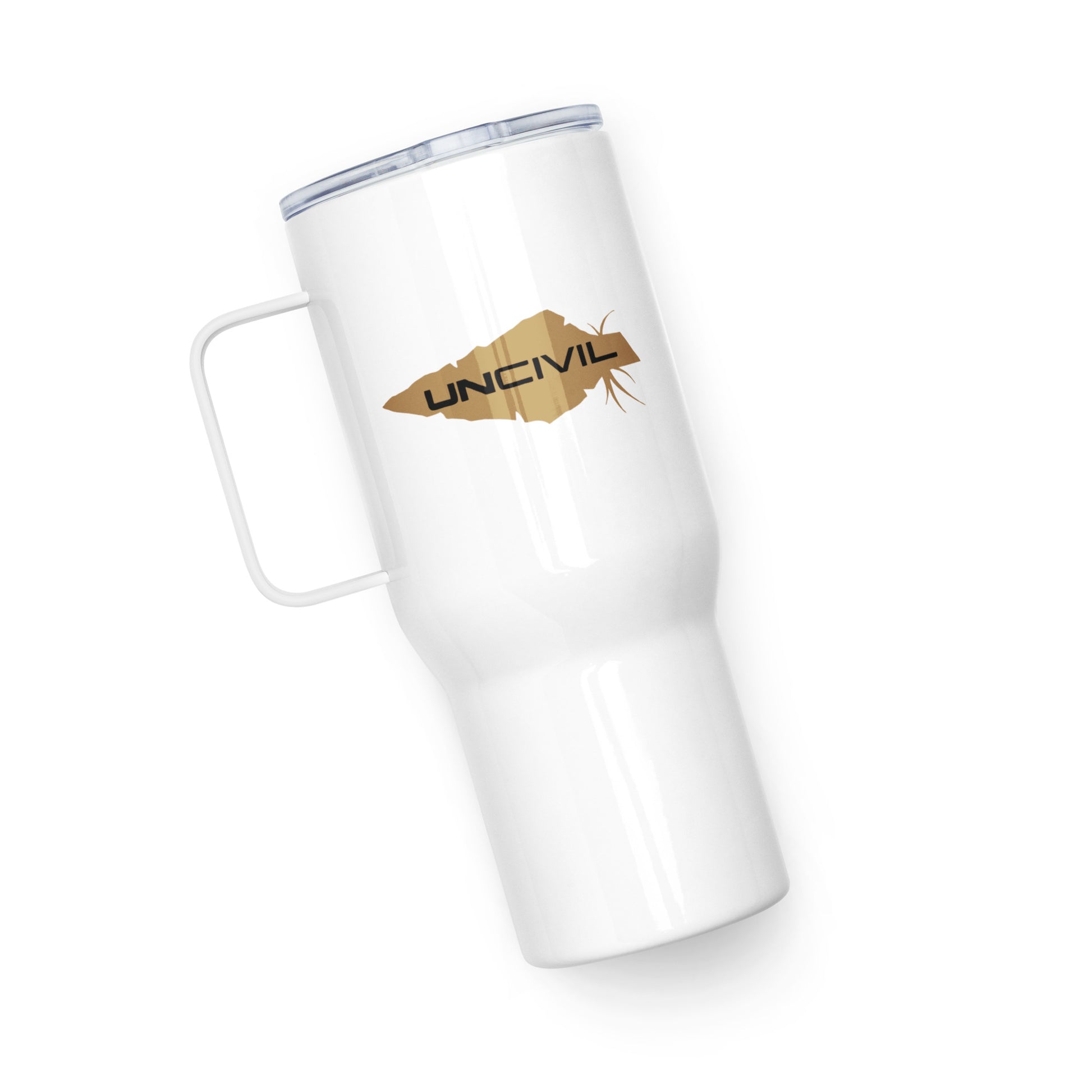 Uncivil white 25 oz tumbler with our gold uncivil spear logo. 