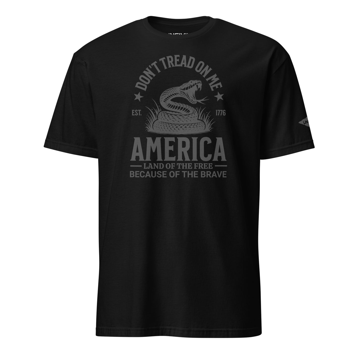 Black Don't Tread On Me Stealth Edition T-Shirt with Uncivil Spear on left sleeve