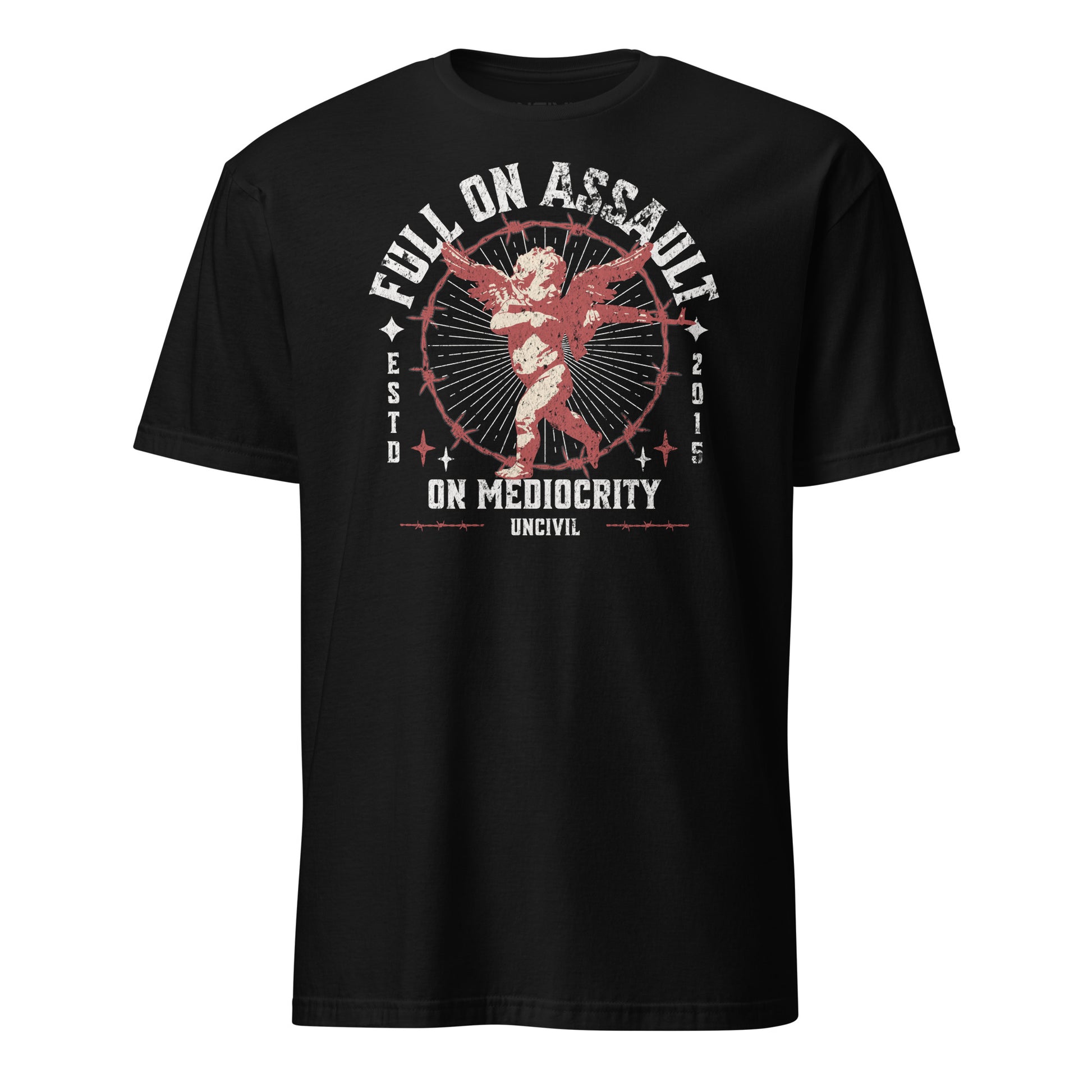 Black Full on Assault on Mediocrity Graphic Unisex T-Shirt with cupid sniper