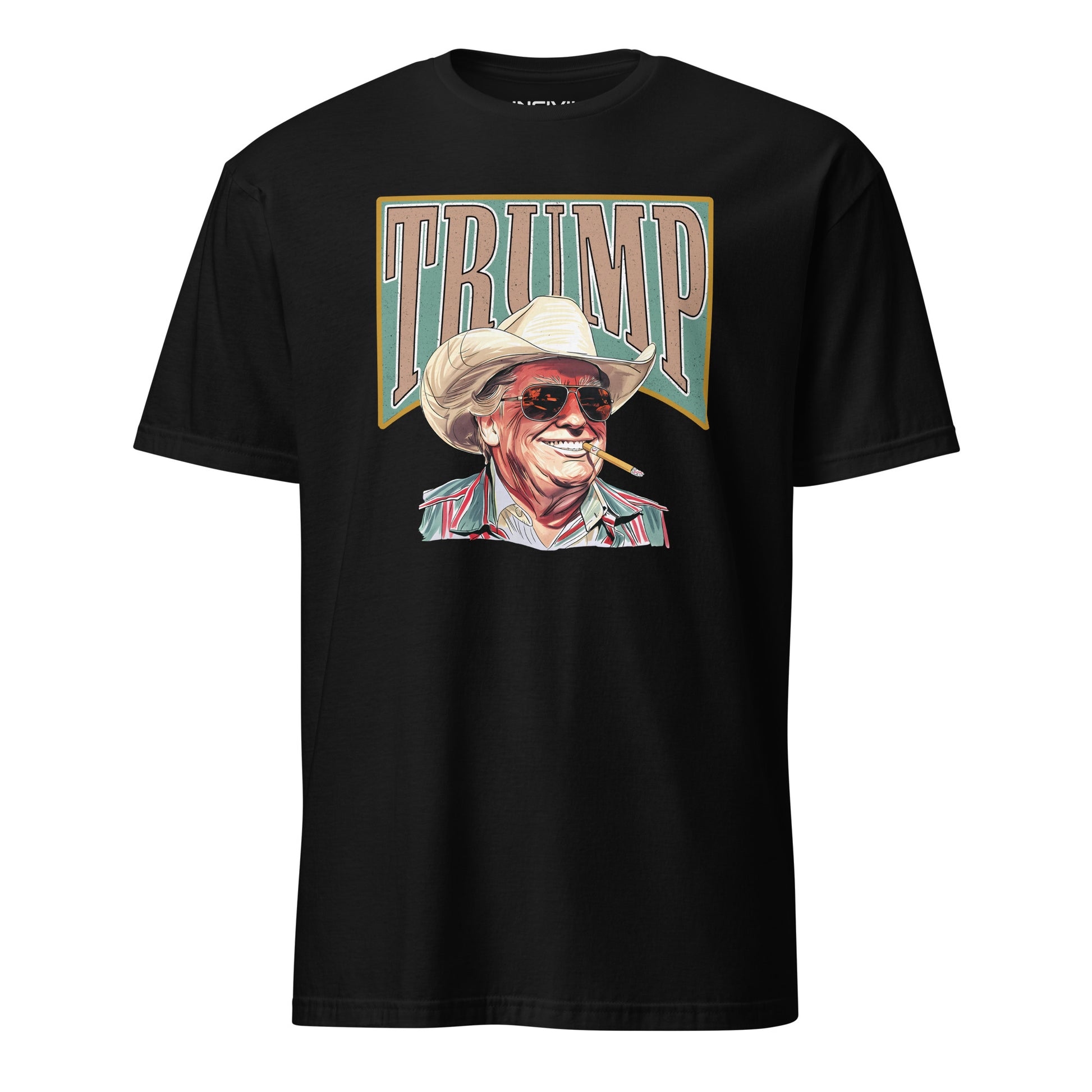 Black American Outlaw Trump T-Shirt featuring President Trump wearing a cowboy hat and glasses