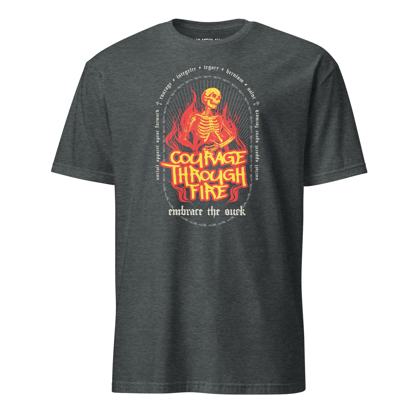 Heather Grey Courage Through Fire Skeleton Unisex T-Shirt