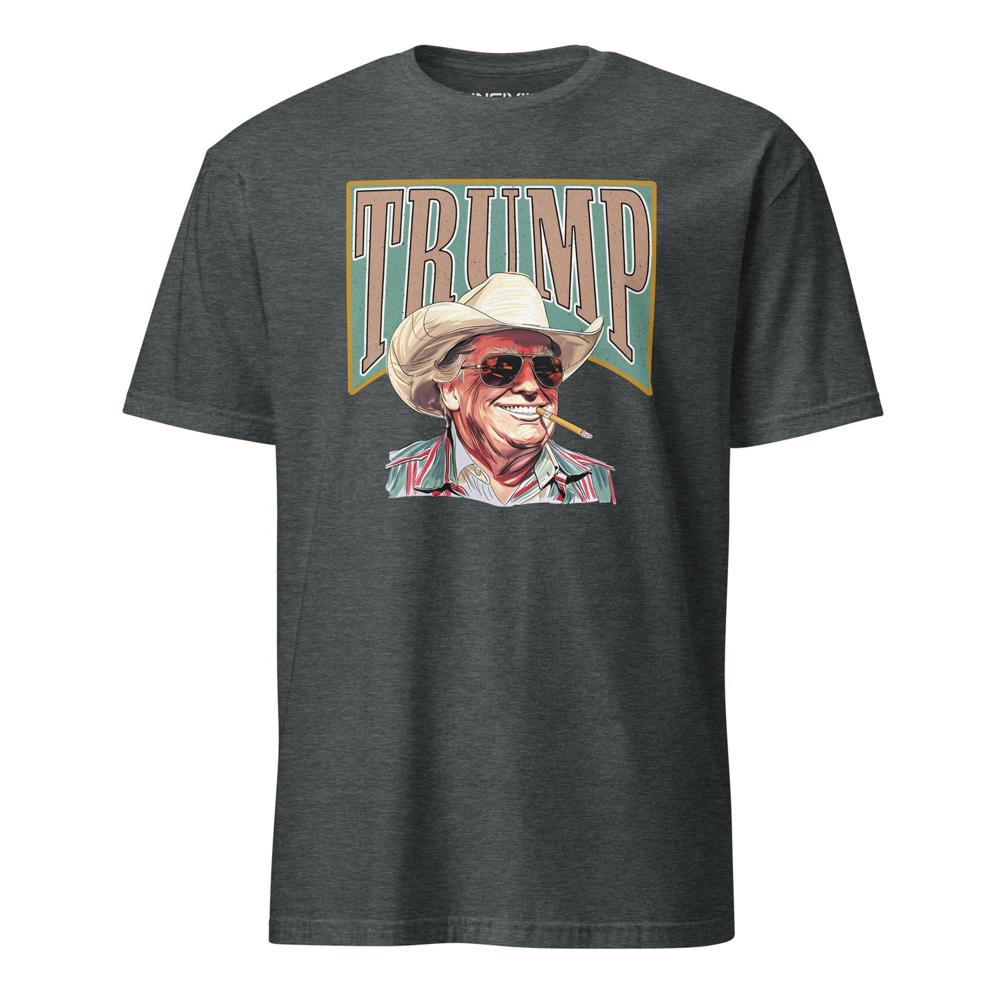 Heather grey American Outlaw Trump T-Shirt featuring President Trump wearing a cowboy hat and glasses