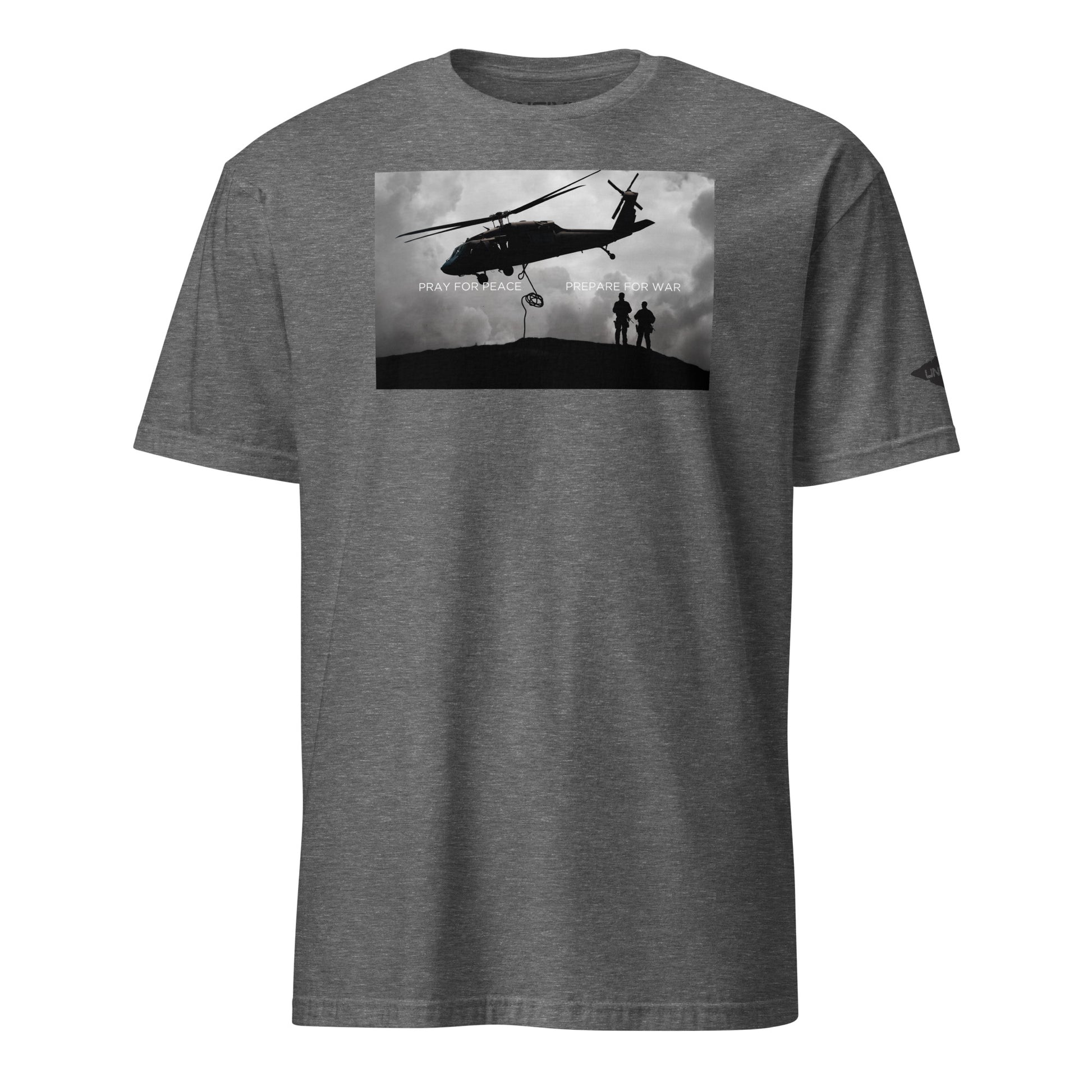 Heather Grey Pray for Peace, Prepare for War helicopter military Unisex UNCIVIL T-Shirt 