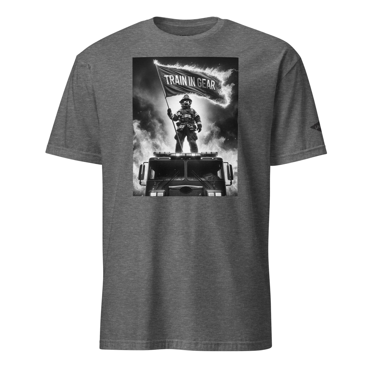 Heather Grey Flag in the Flames Graphic Train in Gear Firefighter Unisex T-Shirt