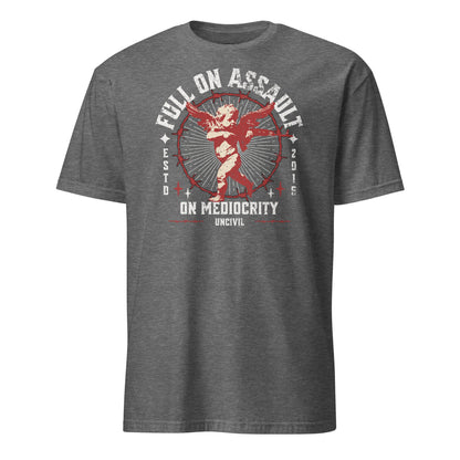 Heather Grey Full on Assault on Mediocrity Graphic Unisex T-Shirt with cupid sniper