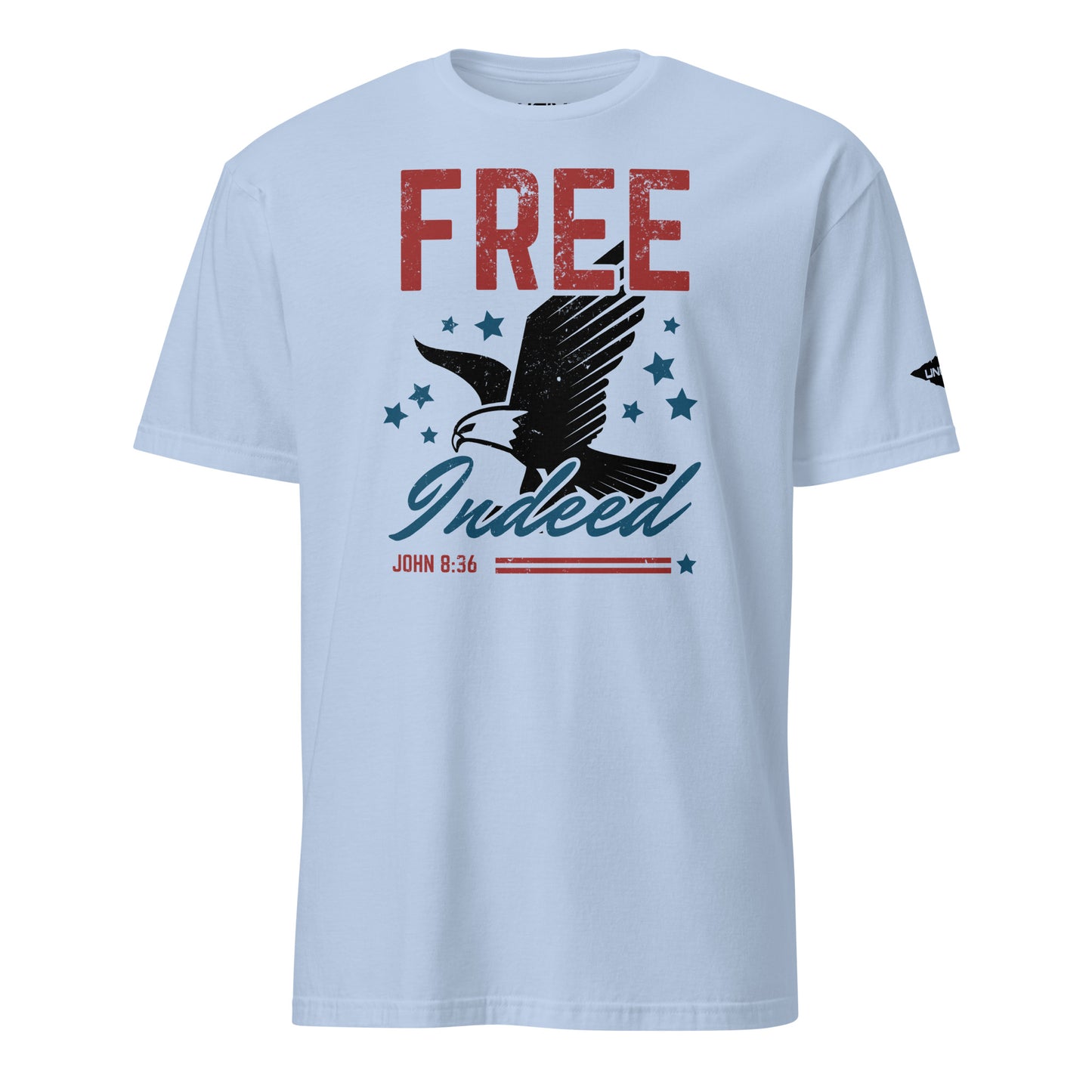 Light Blue Free Indeed John 8:36 T-Shirt with Uncivil Spear on Left Sleeve