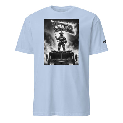 Blue Flag in the Flames Graphic Train in Gear Firefighter Unisex T-Shirt