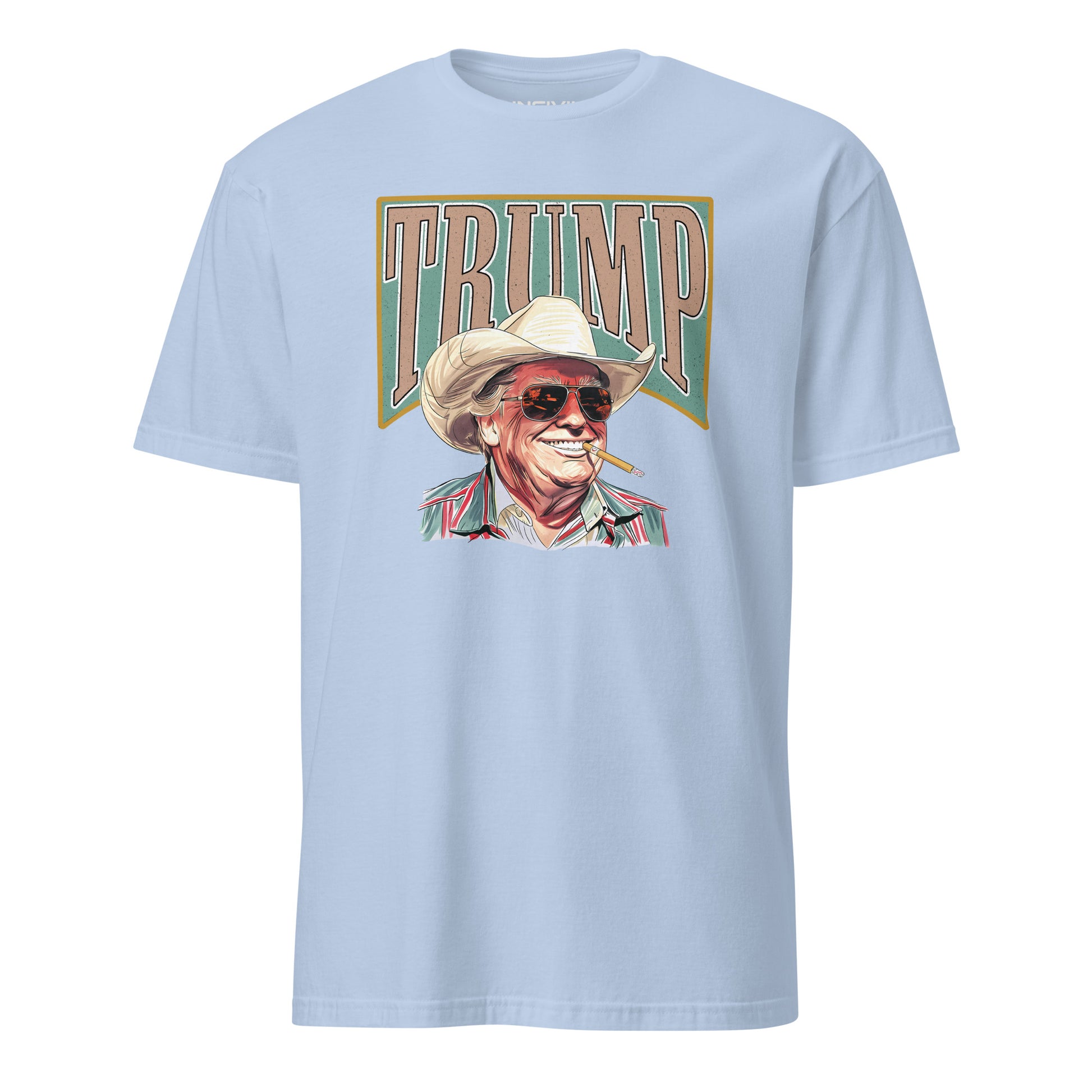 Baby Blue American Outlaw Trump T-Shirt featuring President Trump wearing a cowboy hat and glasses