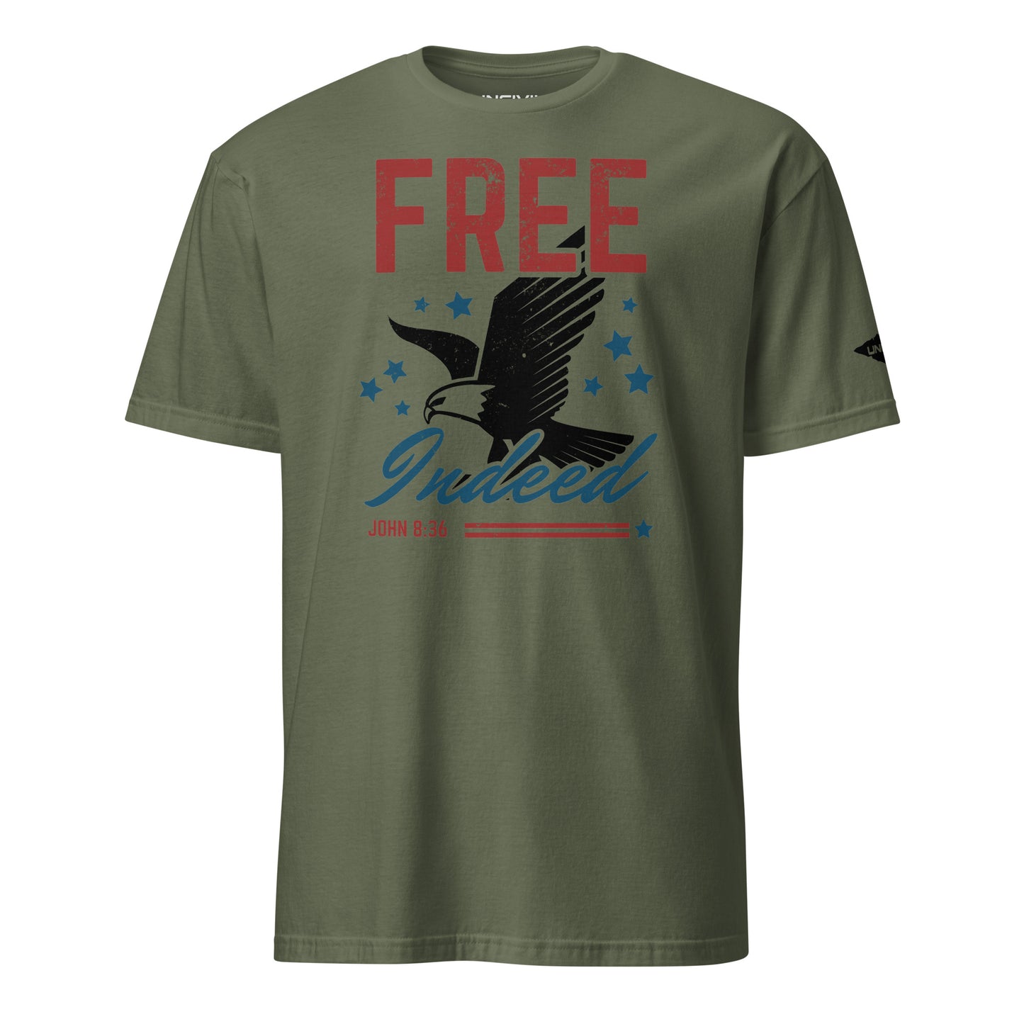 Army Green Free Indeed John 8:36 T-Shirt with Uncivil Spear on Left Sleeve