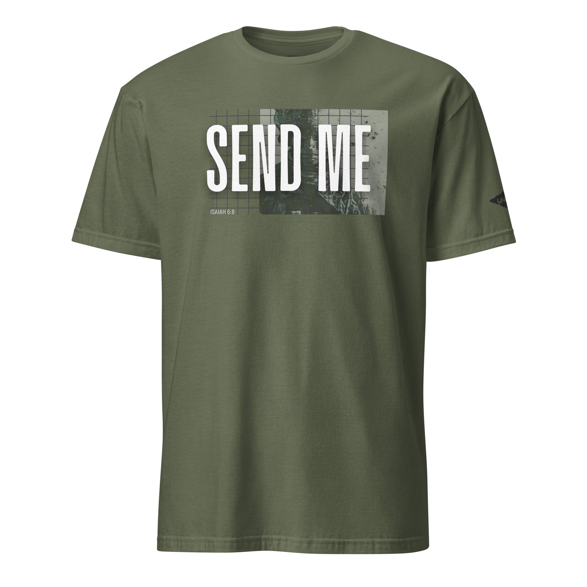 Military Green Send Me Isaiah 6:8 UNCIVIL Soldier Black T-shirt with Uncivil Spear on the Left Sleeve