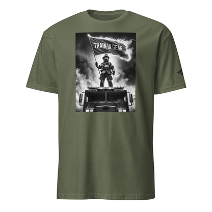 Military Green Flag in the Flames Graphic Train in Gear Firefighter Unisex T-Shirt