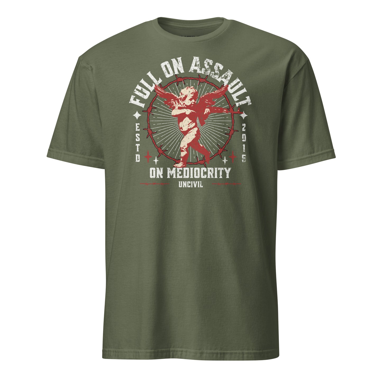 Military green Full on Assault on Mediocrity Graphic Unisex T-Shirt with cupid sniper