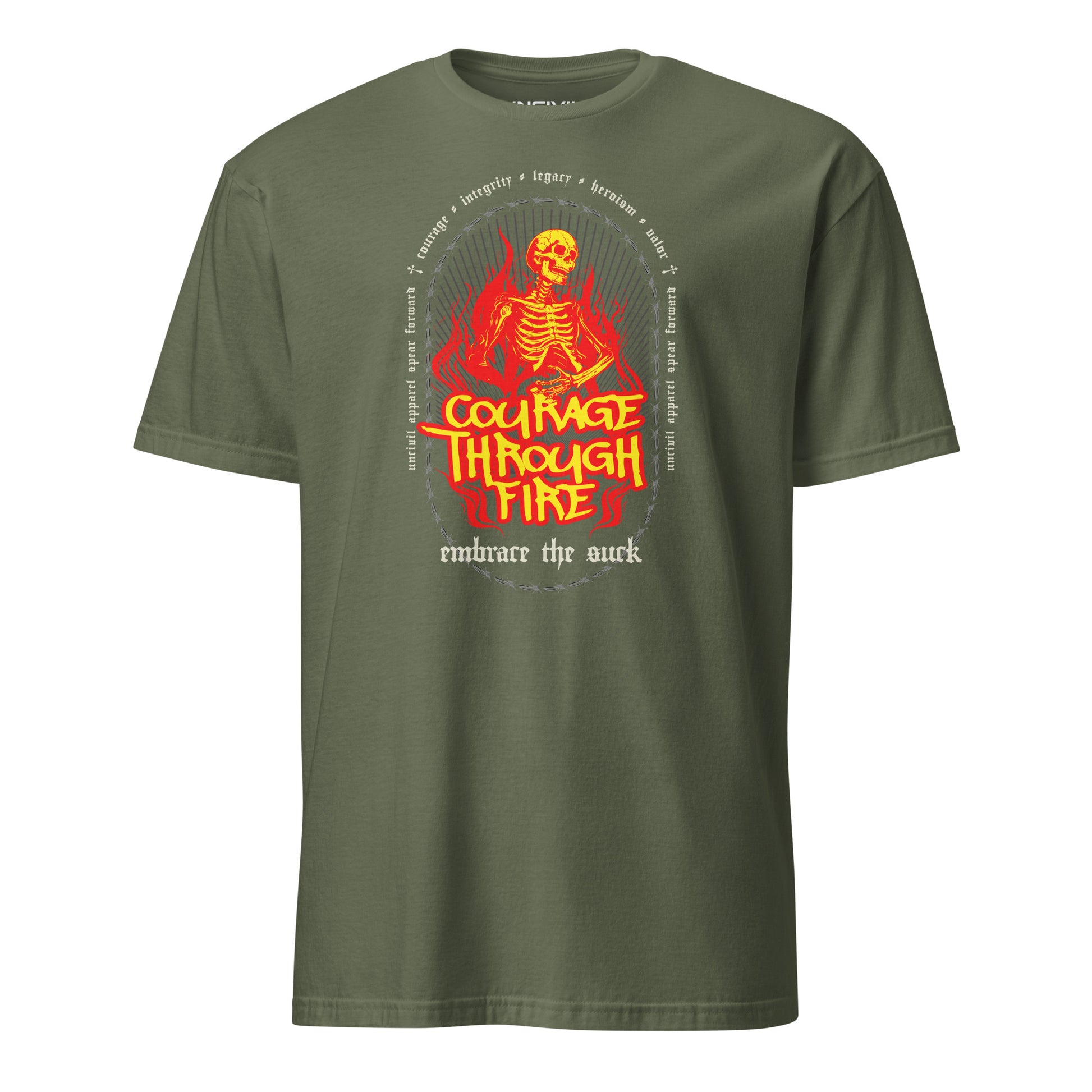 Military Green Courage Through Fire Skeleton Unisex T-Shirt