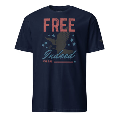 Navy Blue Free Indeed John 8:36 T-Shirt with Uncivil Spear on Left Sleeve