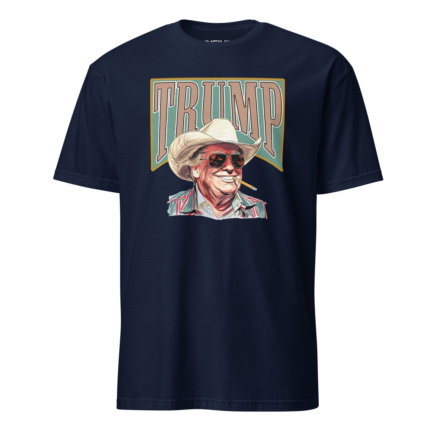 Navy Blue American Outlaw Trump T-Shirt featuring President Trump wearing a cowboy hat and glasses