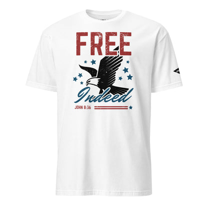 White Free Indeed John 8:36 T-Shirt with Uncivil Spear on Left Sleeve