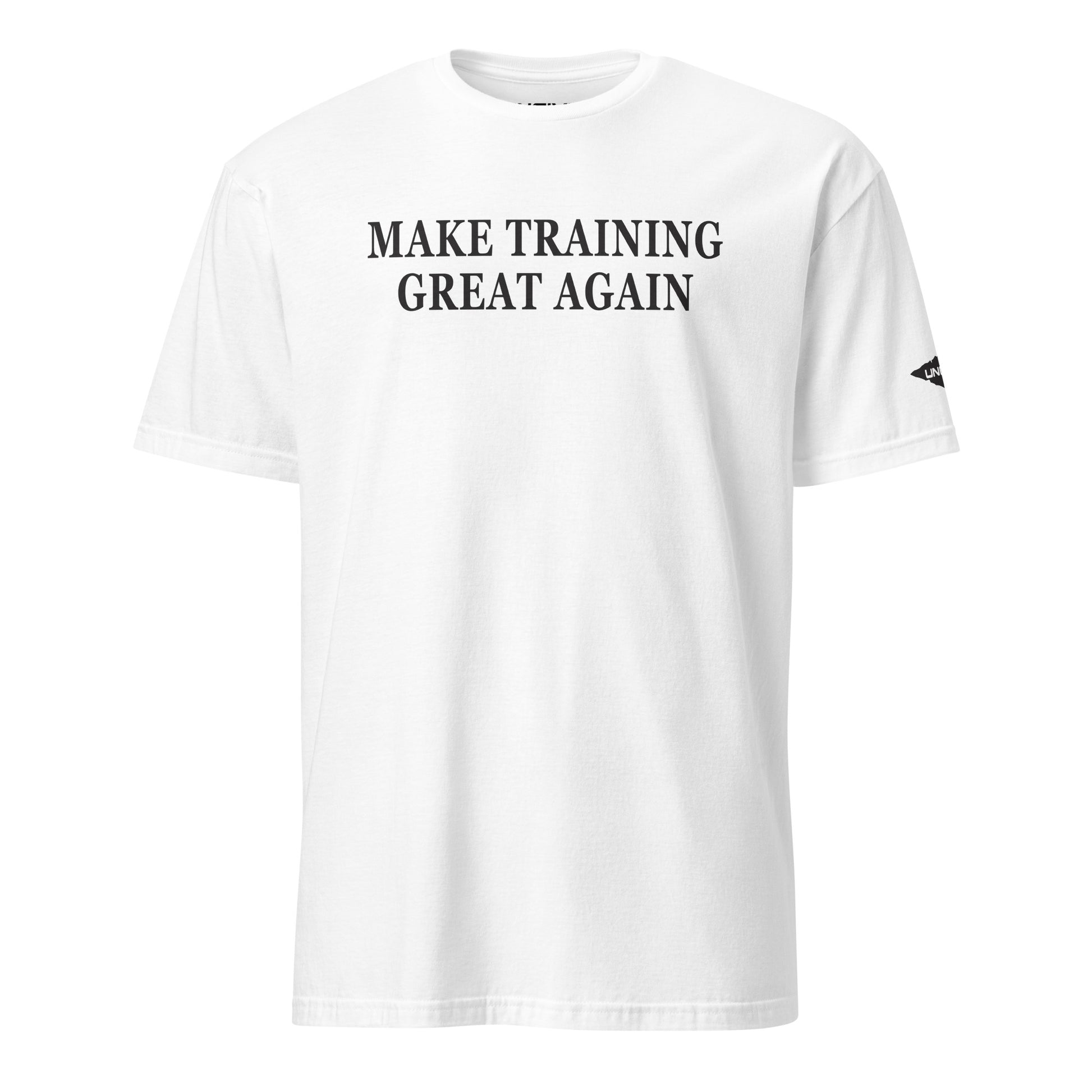 White Make Training Great Again Stealth Edition T-Shirt with Uncivil Spear on Left Sleeve