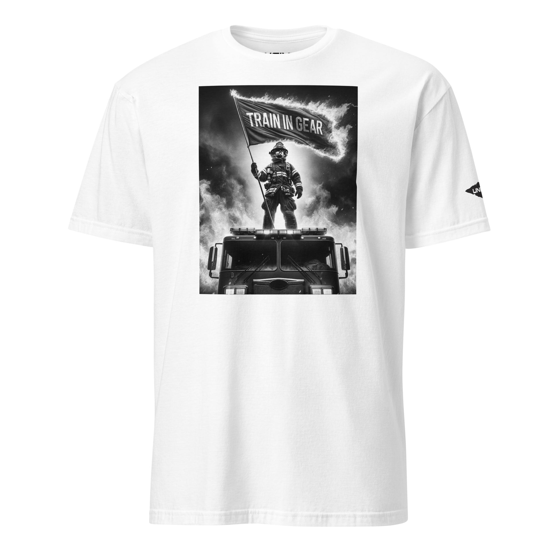 White Flag in the Flames Graphic Train in Gear Firefighter Unisex T-Shirt