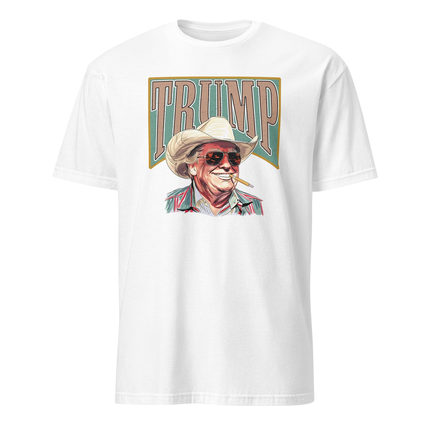 White American Outlaw Trump T-Shirt featuring President Trump wearing a cowboy hat and glasses