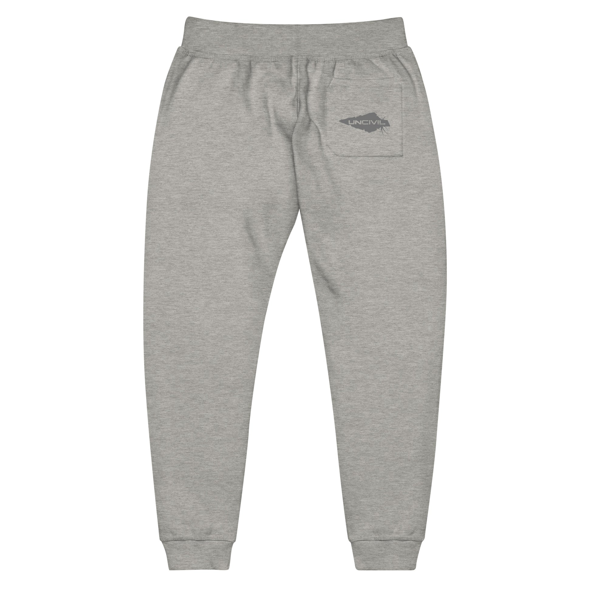 Carbon Grey sweatpants, UNCIVIL on front left leg and UNCIVIL patch on the back right pocket.