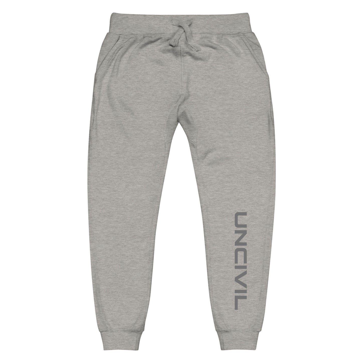 Carbon Grey sweatpants, UNCIVIL on front left leg and UNCIVIL patch on the back right pocket.