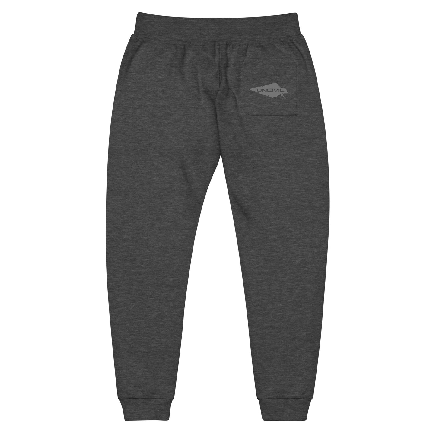 Charcoal grey sweatpants, UNCIVIL on front left leg and UNCIVIL patch on the back right pocket.