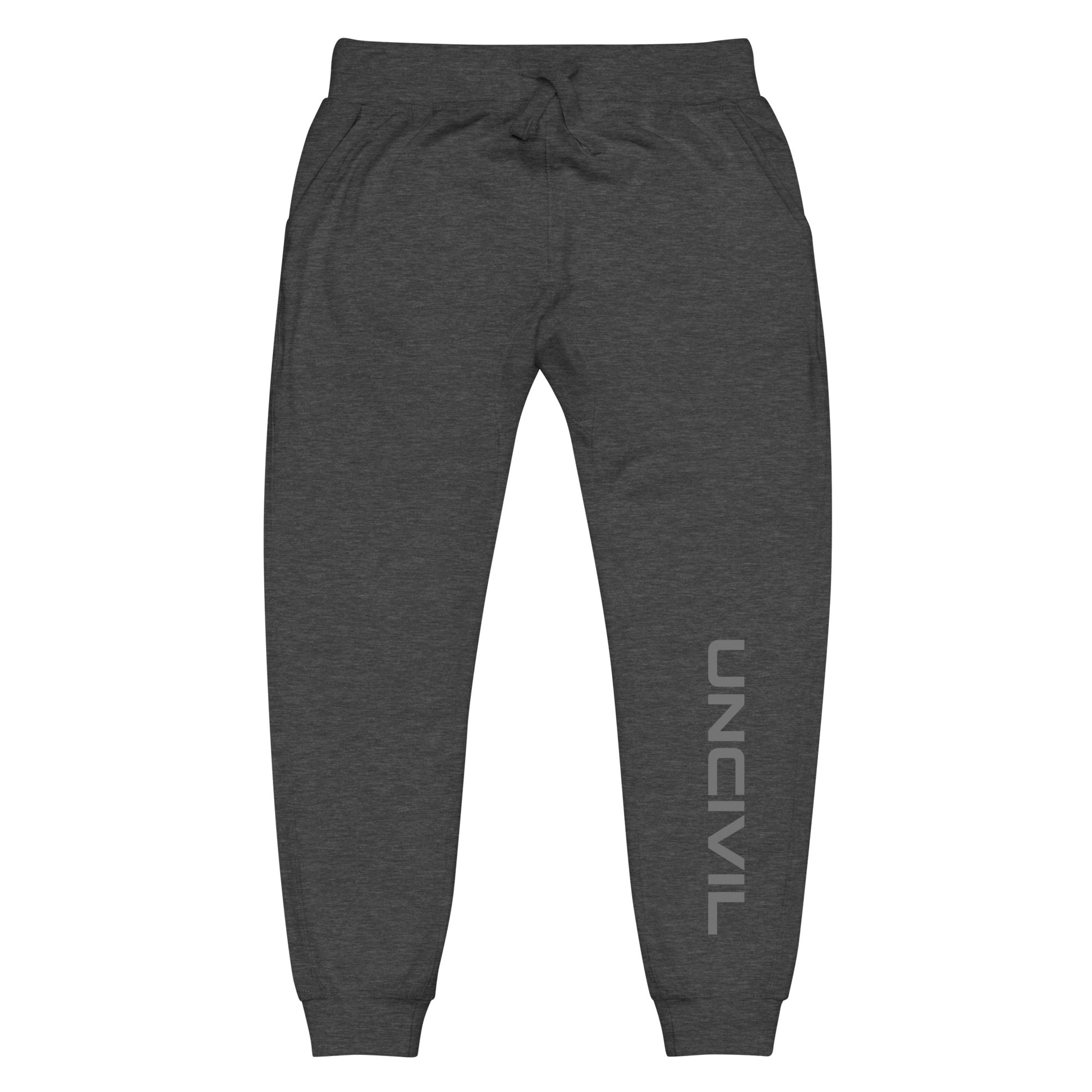 Charcoal grey sweatpants, UNCIVIL on front left leg and UNCIVIL patch on the back right pocket.