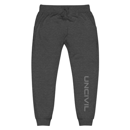 Charcoal grey sweatpants, UNCIVIL on front left leg and UNCIVIL patch on the back right pocket.