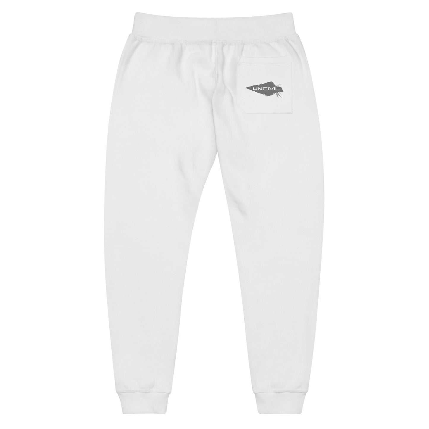 White sweatpants, UNCIVIL on front left leg and UNCIVIL patch on the back right pocket.