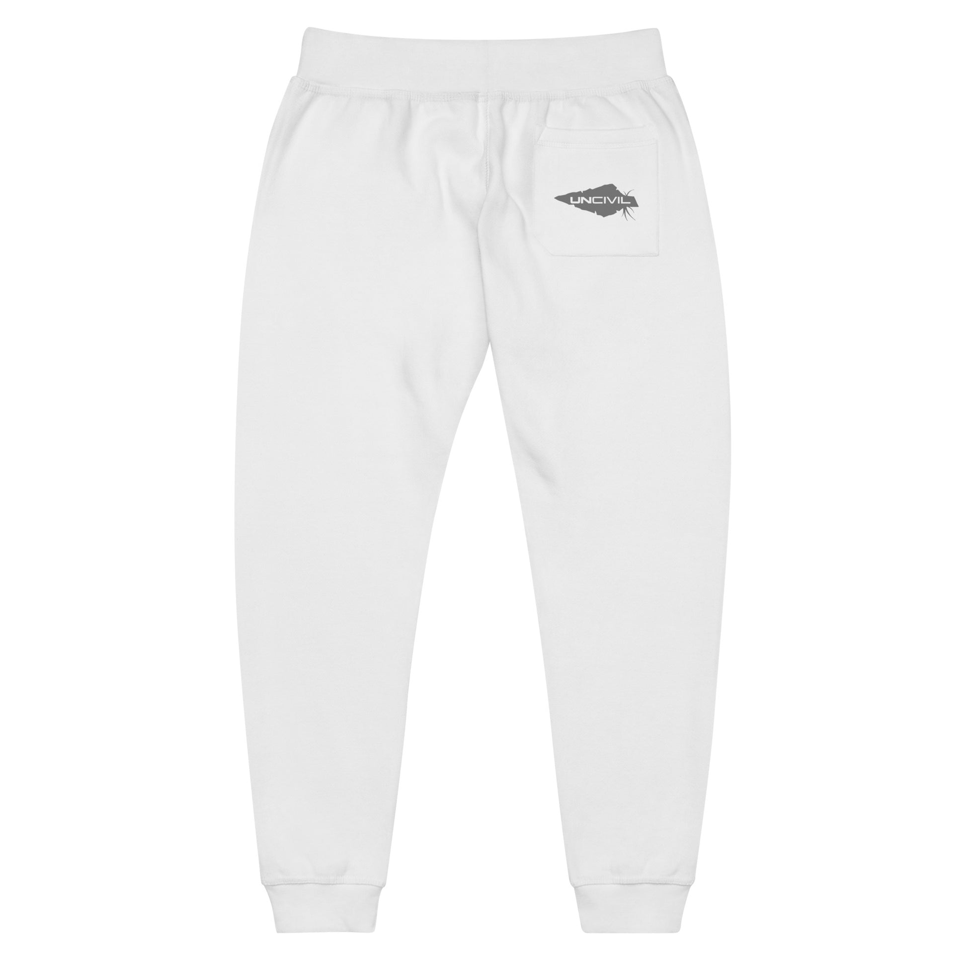 White sweatpants, UNCIVIL on front left leg and UNCIVIL patch on the back right pocket.