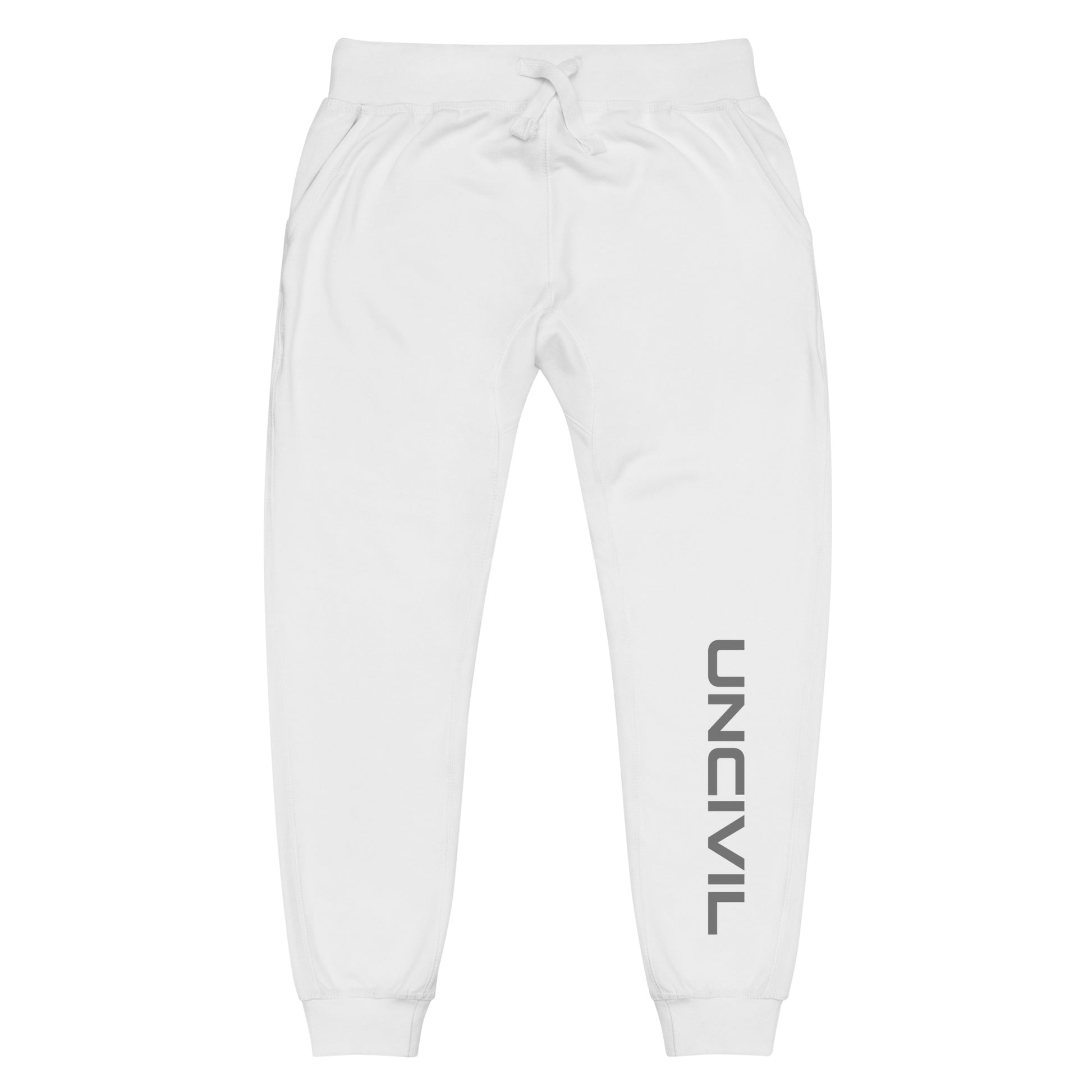 White sweatpants, UNCIVIL on front left leg and UNCIVIL patch on the back right pocket.