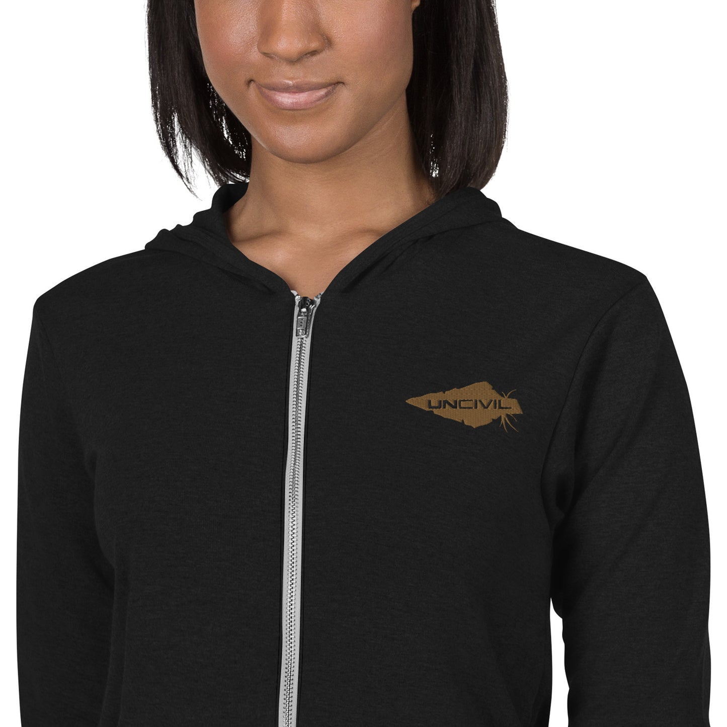 Black UNCIVIL Lightweight Hoodie features our gold uncivil spear.  It is lightweight unisex zip hoodie has a modern fit, hood, front zip, and a kangaroo pocket is the way to go.