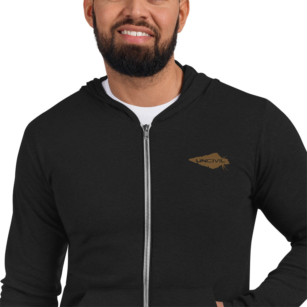 Black UNCIVIL Lightweight Hoodie features our gold uncivil spear.  It is lightweight unisex zip hoodie has a modern fit, hood, front zip, and a kangaroo pocket is the way to go.