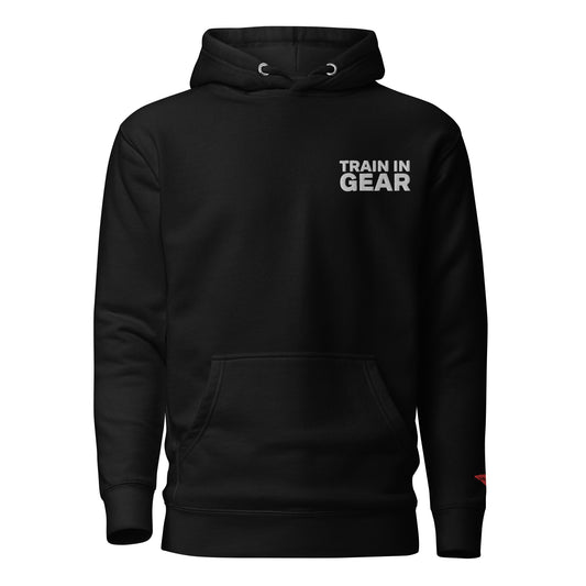 Train in Gear Embroidered Black Hoodie. Top left embroidery in white with our red uncivil spear embroidered on the left wrist.