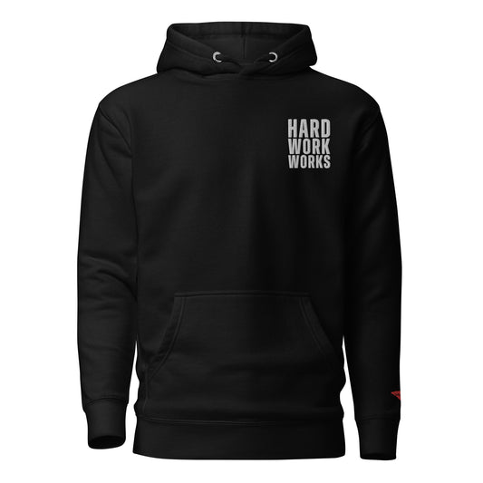 Hard Work Works embroidered black hoodie with our red Uncivil spear on the left wrist.