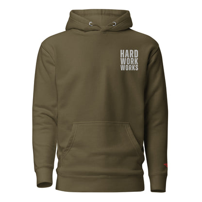 Hard Work Works embroidered Army Green hoodie with our red Uncivil spear on the left wrist.