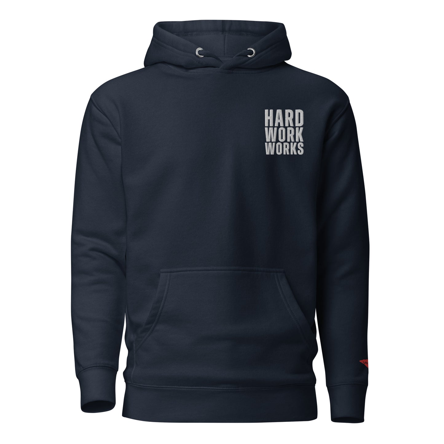 Hard Work Works embroidered Navy Blue hoodie with our red Uncivil spear on the left wrist.