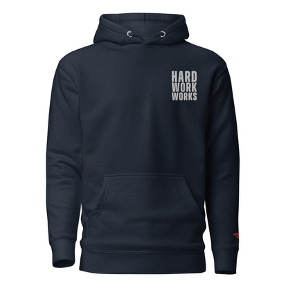 Hard Work Works embroidered Navy Blue hoodie with our red Uncivil spear on the left wrist.