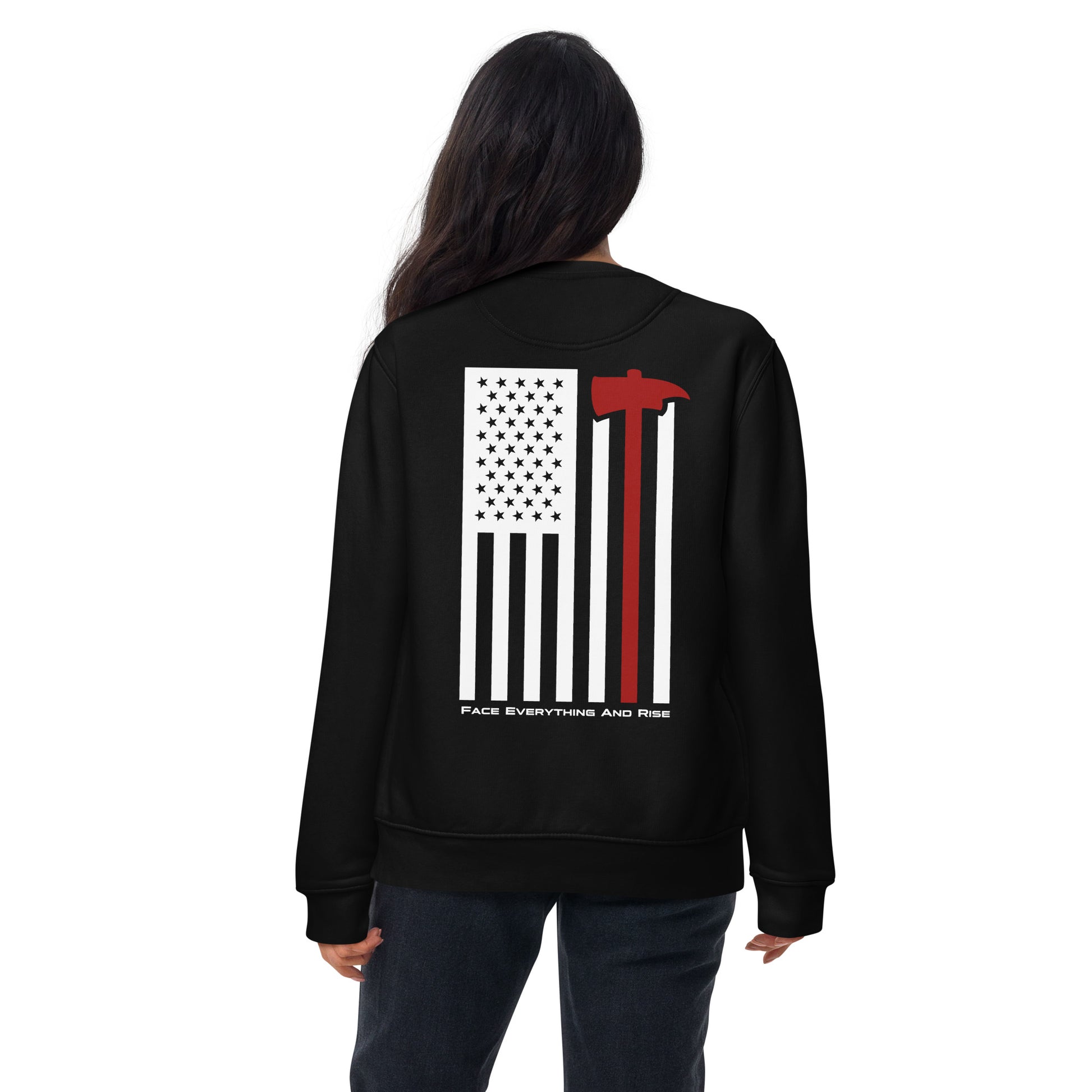 Face Everything & Rise UNCIVIL Firefighter Unisex long sleeve sweatshirt with American Flag and Fireman's Axe - Black