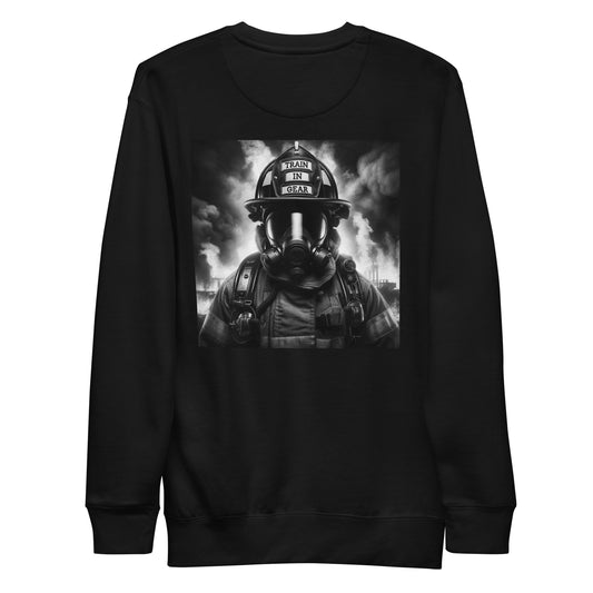 Train in Gear Firefighter graphic sweatshirt long sleeve in black. A black and white image of a firefighter with full mask and a helmet that reads "Train in Gear".