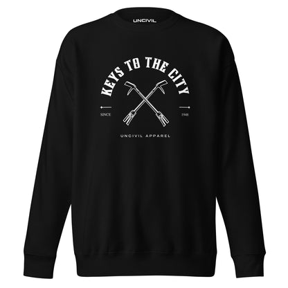 Keys to the City, Halligan bar design. Black unisex sweatshirt long sleeve.