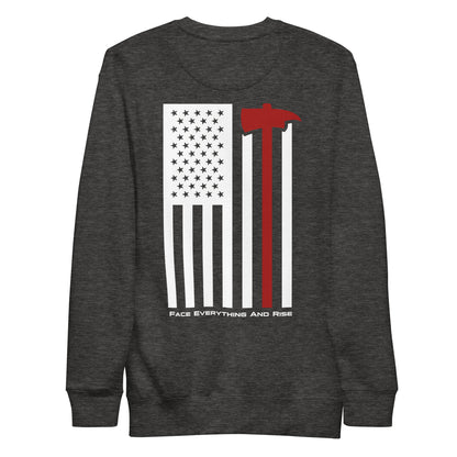 Face Everything & Rise UNCIVIL Firefighter Unisex long sleeve sweatshirt with American Flag and Fireman's Axe - Heather Grey