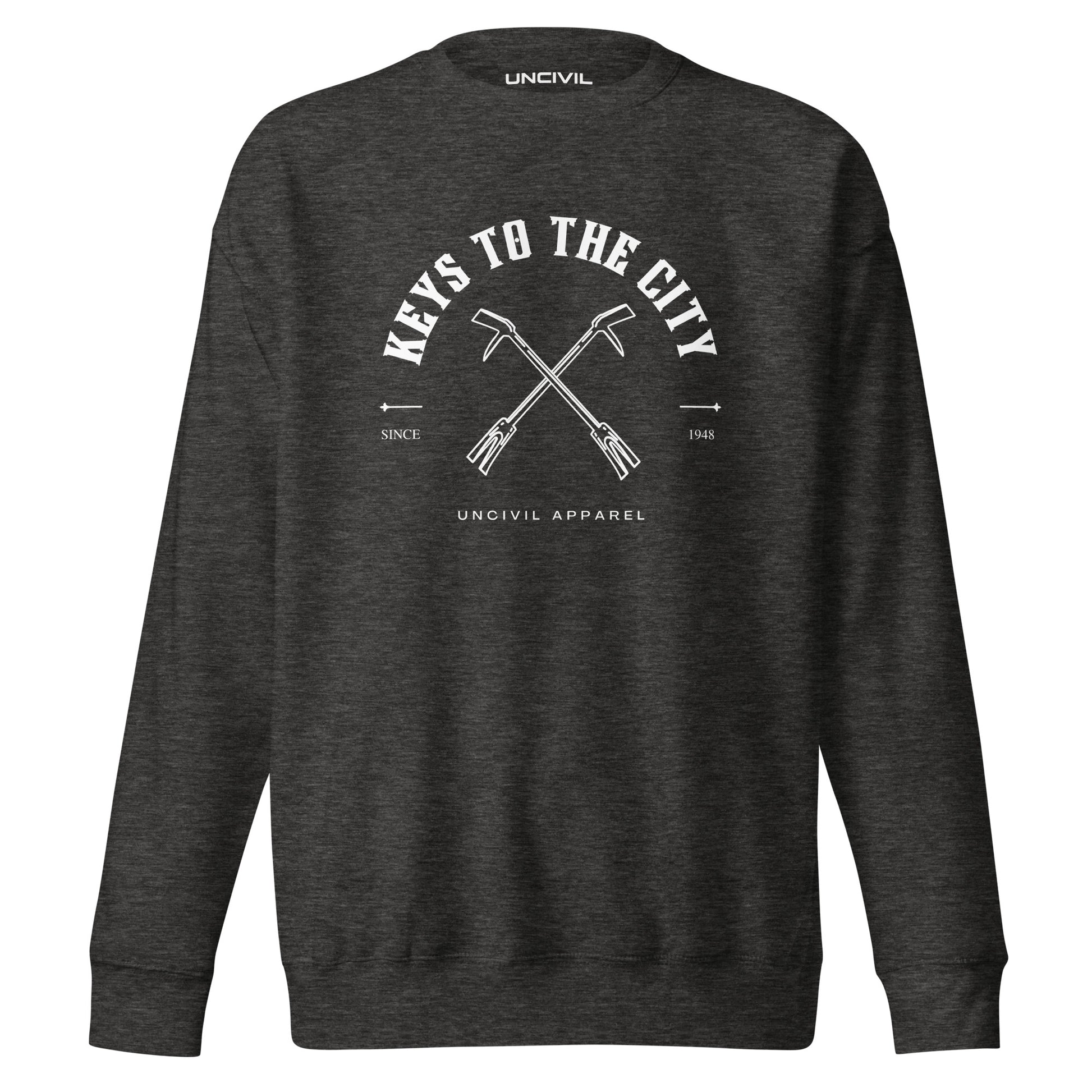 Keys to the City, Halligan bar design. Heather Grey unisex sweatshirt long sleeve.