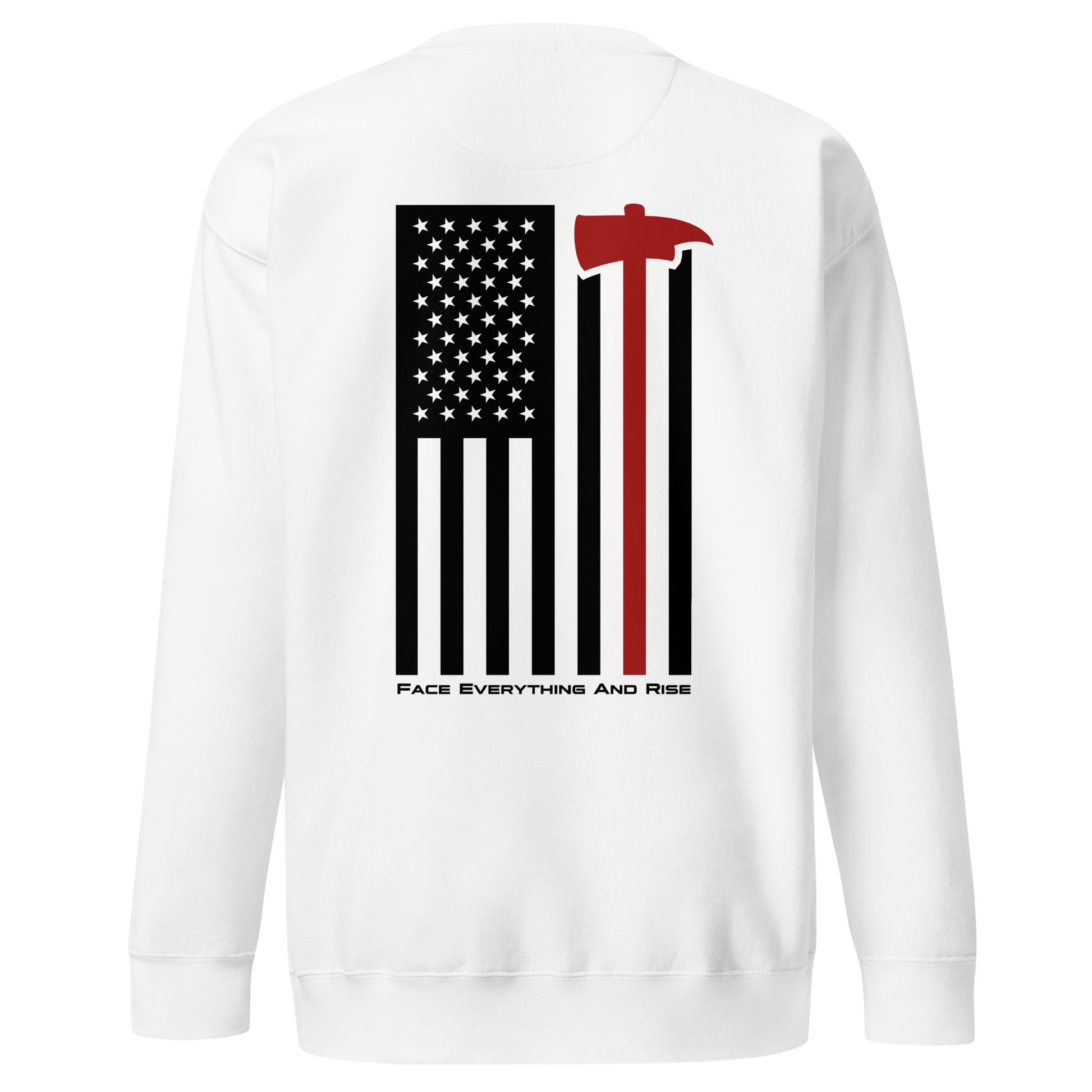 Face Everything & Rise UNCIVIL Firefighter Unisex long sleeve sweatshirt with American Flag and Fireman's Axe - White