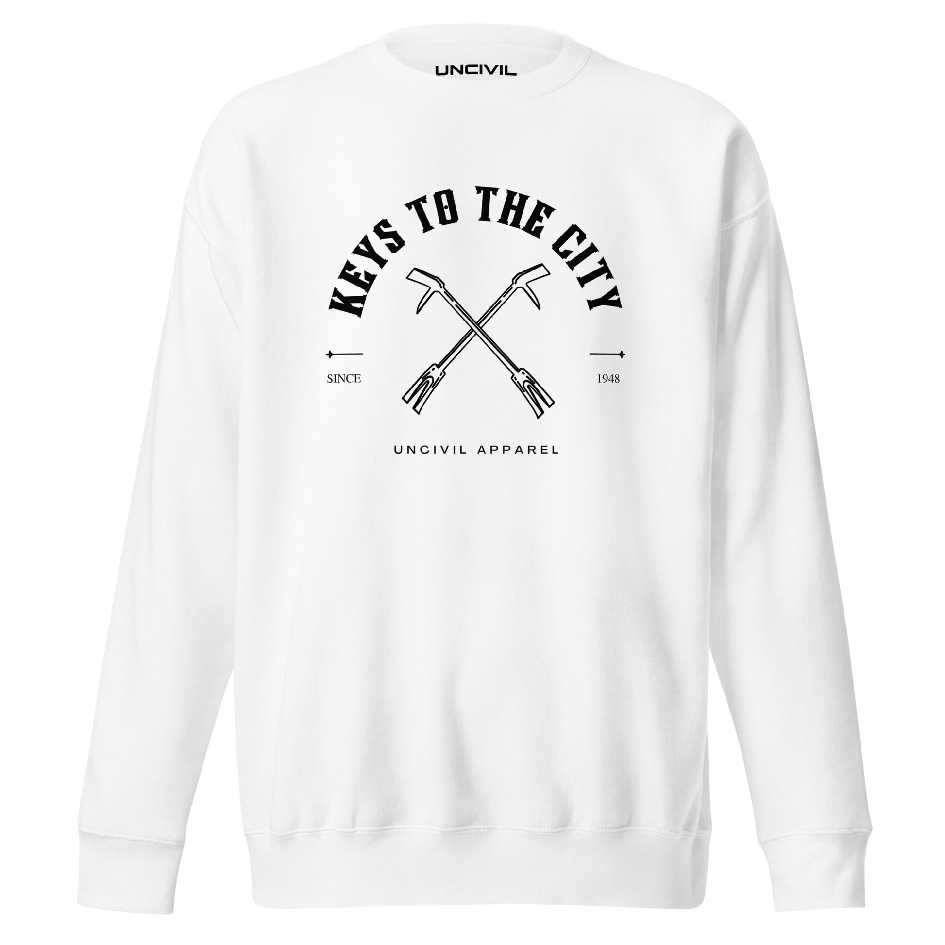 Keys to the City, Halligan bar design. White unisex sweatshirt long sleeve.