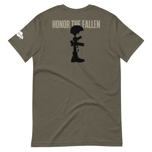 Honor the Fallen T-shirt, a powerful tribute to those who sacrificed for our freedom. Designed for Memorial Day, Army Green Unisex.