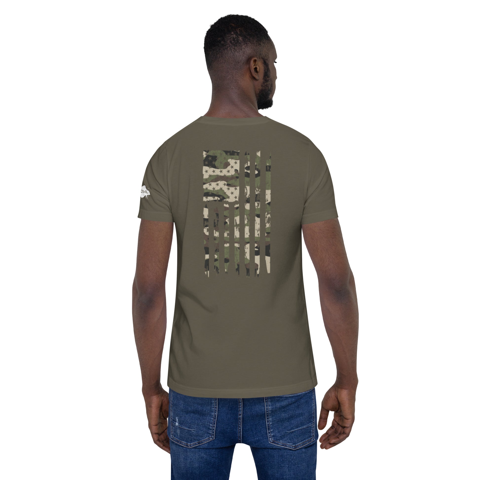 Unisex Army Green Camo distressed American Flag t-shirt